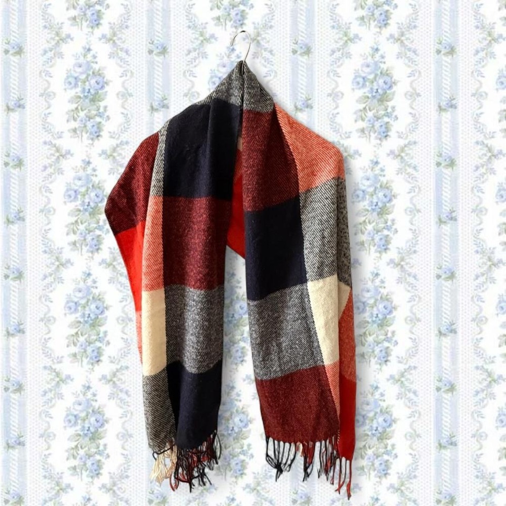 Soft and warm orange and blue plaid scarf
